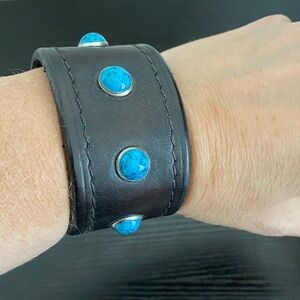 Black Leather Cuff Bracelet with Turquoise Accents